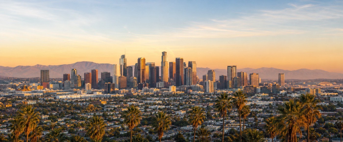 Aerial view of the downtown Los Angeles skyline with palm trees
