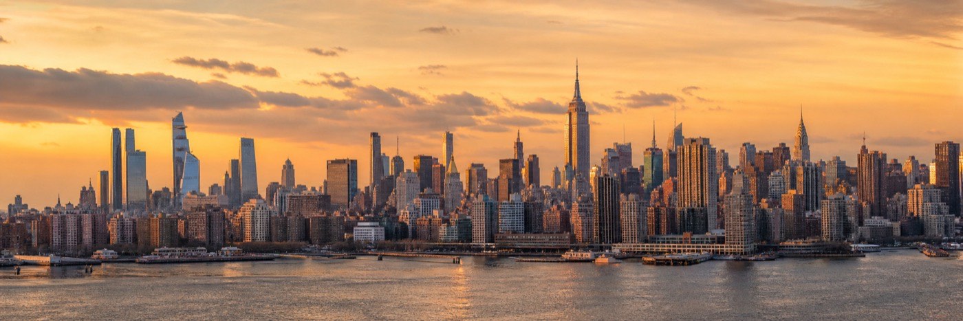 Aerial view of the Manhattan skyline at golden hour