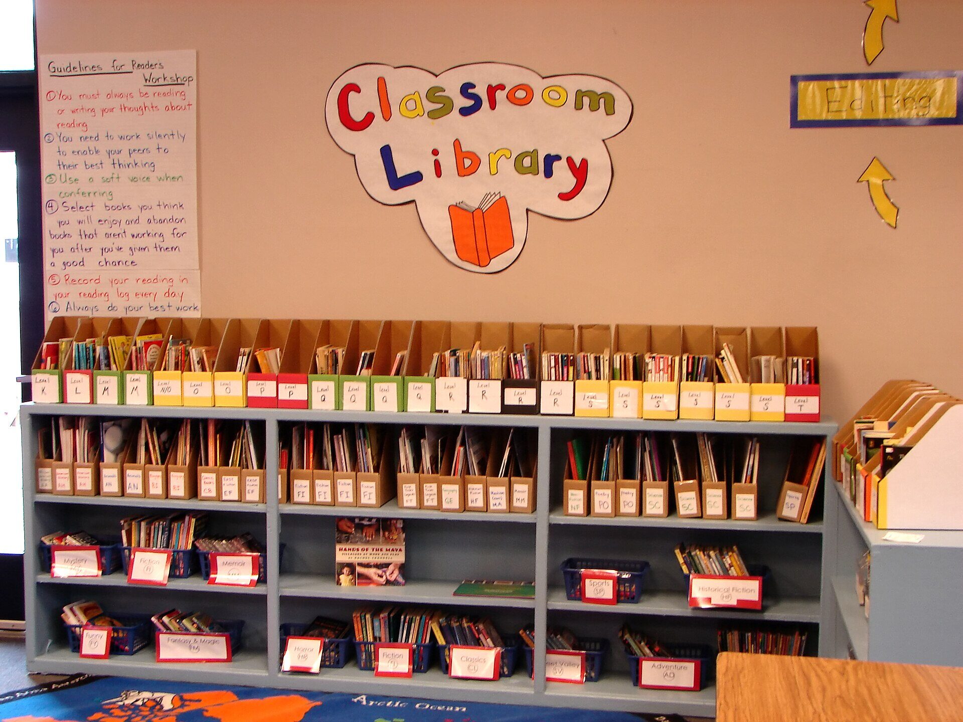 An empty elementary school classroom reading corner. A low grey shelf is filled with cardboard magazine files and plastic bins of books, each labelled by reading level and by genre — Mystery, Fiction, Memoir, Sports, Historical Fiction, Horror, Classics, Adventure. Above the shelf a cut-paper cloud reads Classroom Library in coloured letters, and a hand-lettered poster to the left reads Guidelines for Readers Workshop. No people are in the frame.
